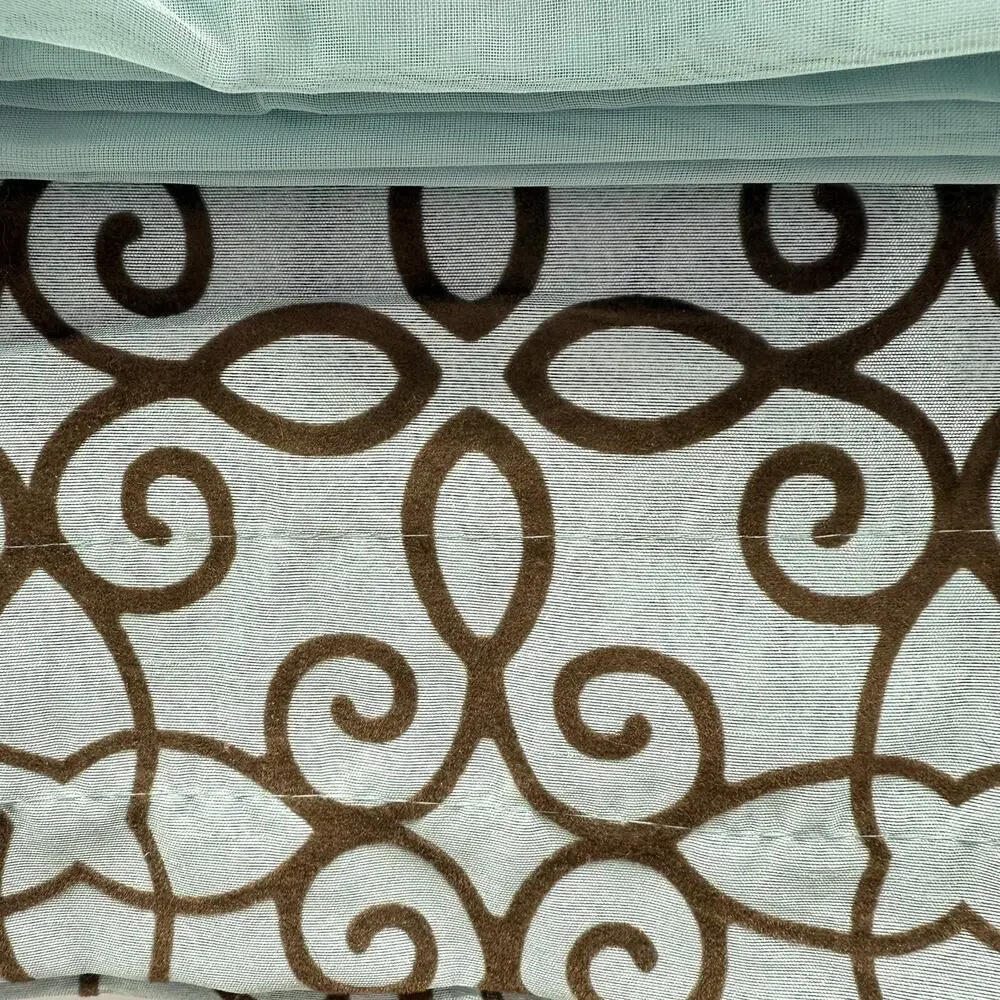 Curtain Panels & Sheers Set 2 Panels Sheers Tie Backs Spa Blue Chocolate Scroll